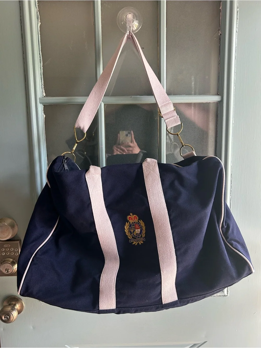 Vintage Polo Ralph Lauren Crest Logo Navy Blue Canvas Large Duffle Travel Bag